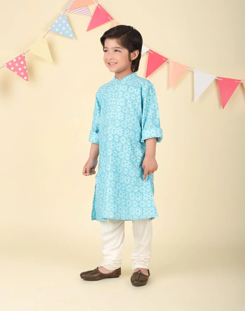 Fabindia Blue Viscose Blend Hand Block Printed Long Kurta