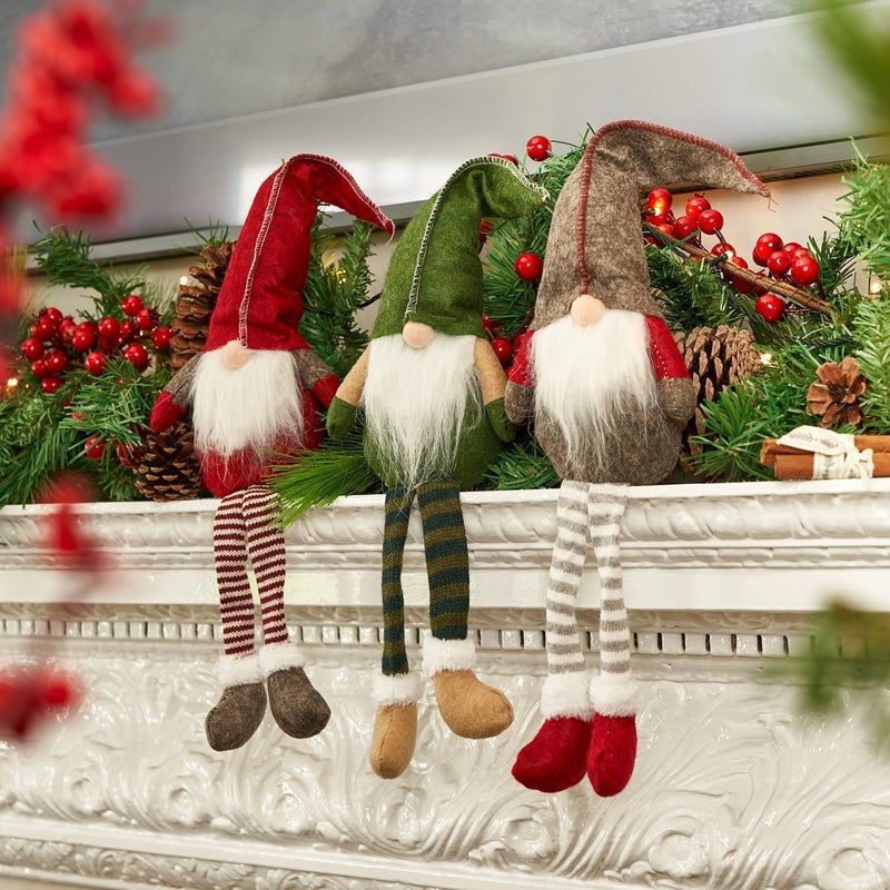 LATERN 3Pcs Christmas Plush Figurines Gnome Christmas Ornaments Handmade Swedish Tomte Gnome Plush Scandinavian Santa Elf Long Legs Figurine for Christmas Table Fireplace Home Decor 515 x 115cm