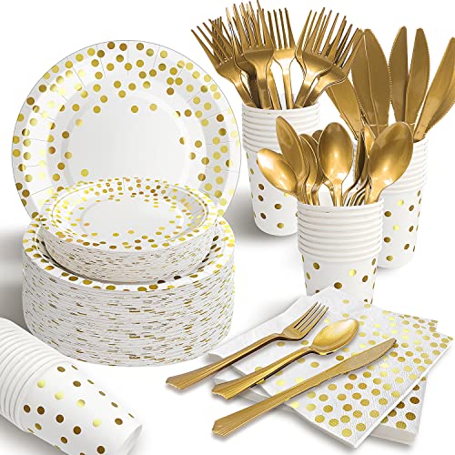 AIRE 175PCS White and Gold Paper Plates Party Supplies for 25 Guests Party Decorations Disposable Dinnerware Paper Plates Cups Napkins Gold Plastic Forks Knives Spoons for Wedding Birthday Graduation - Image 1