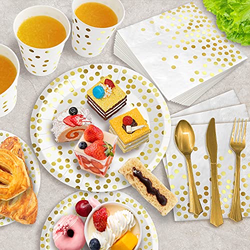 AIRE 175PCS White and Gold Paper Plates Party Supplies for 25 Guests Party Decorations Disposable Dinnerware Paper Plates Cups Napkins Gold Plastic Forks Knives Spoons for Wedding Birthday Graduation - Image 4