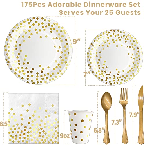 AIRE 175PCS White and Gold Paper Plates Party Supplies for 25 Guests Party Decorations Disposable Dinnerware Paper Plates Cups Napkins Gold Plastic Forks Knives Spoons for Wedding Birthday Graduation - Image 2
