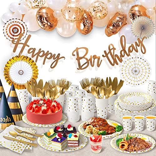 AIRE 175PCS White and Gold Paper Plates Party Supplies for 25 Guests Party Decorations Disposable Dinnerware Paper Plates Cups Napkins Gold Plastic Forks Knives Spoons for Wedding Birthday Graduation - Image 5