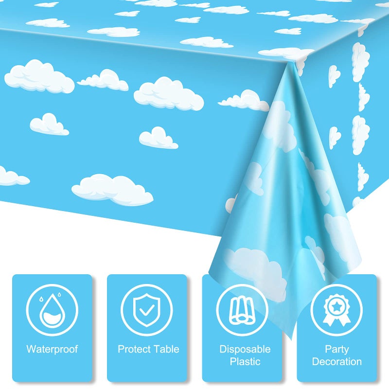 Tatuo Blue Sky White Clouds Birthday Party Supplies Cartoon Story Tablecloth Party Table Cover Cartoon Table Banner for Birthday Decorations, 54 x 108 Inch(3 Pieces) - Image 4