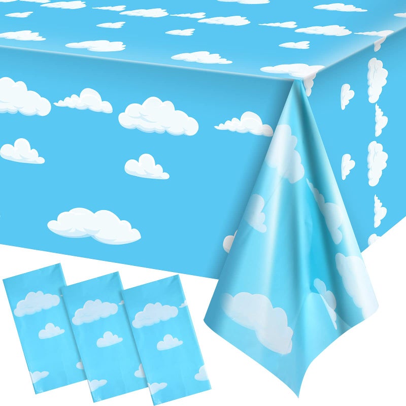 Tatuo Blue Sky White Clouds Birthday Party Supplies Cartoon Story Tablecloth Party Table Cover Cartoon Table Banner for Birthday Decorations, 54 x 108 Inch(3 Pieces) - Image 1