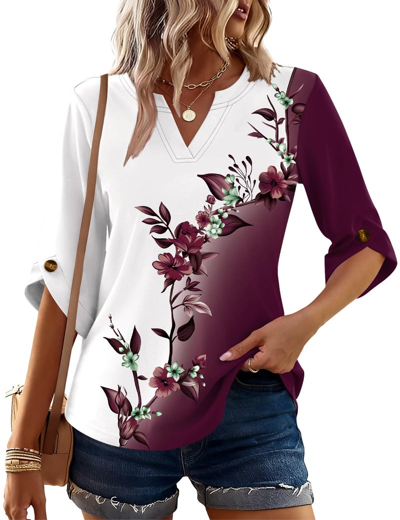Kistore Blouses for Women Dressy Casual White Red Colorblock 3/4 Length Sleeve Knit Tunic Tops to Wear with Leggings L - Image 2