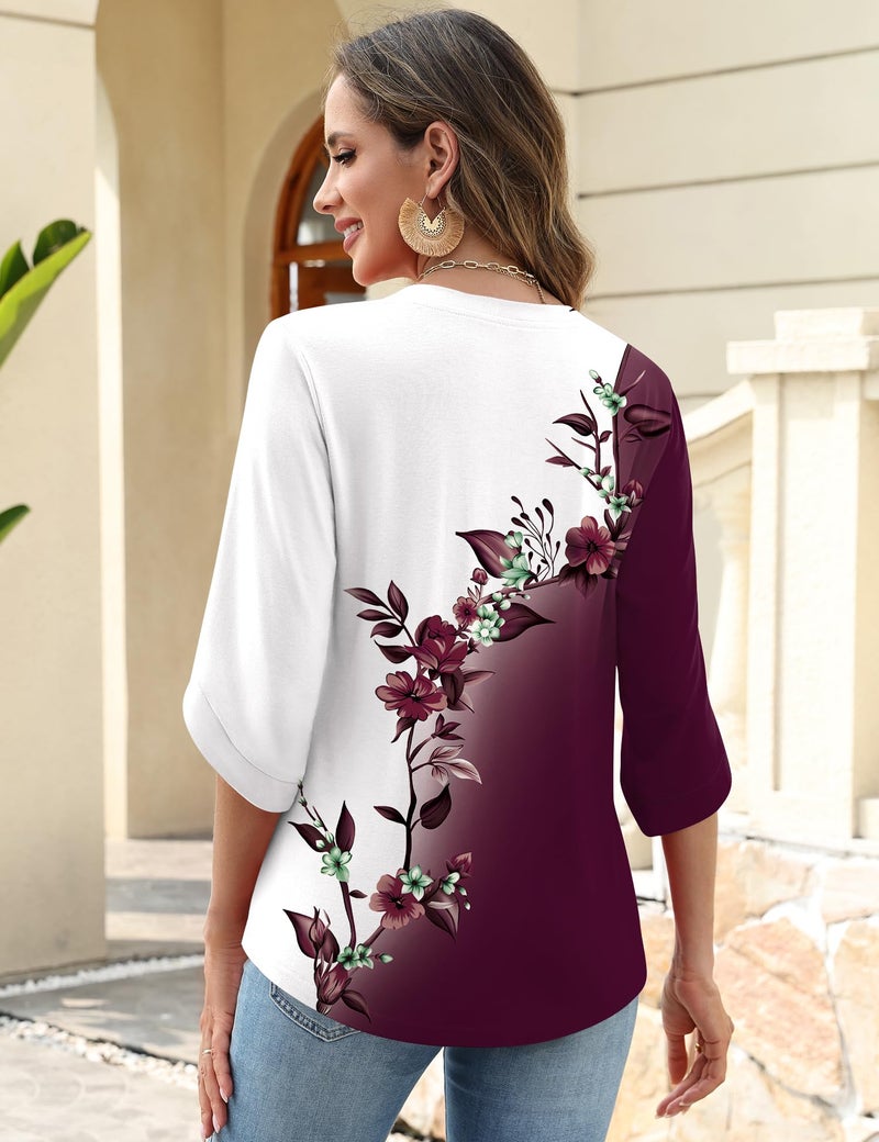 Kistore Blouses for Women Dressy Casual White Red Colorblock 3/4 Length Sleeve Knit Tunic Tops to Wear with Leggings L - Image 3