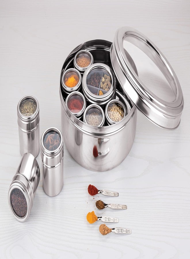 VISAXMI Stainless Steel 12 in 1 Masala Box for Kitchen With See Through Lid | Airtight Spice Box | 8 Small Jars 1 Middle Container With 4 Partitions (2500ml, Silver) - Image 4