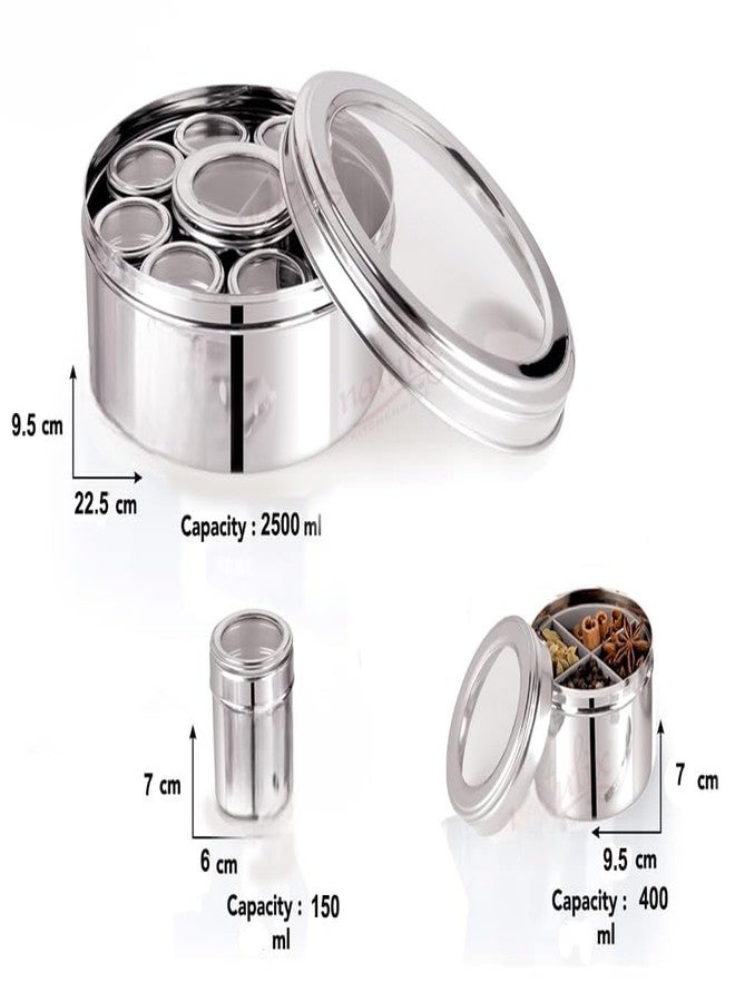 VISAXMI Stainless Steel 12 in 1 Masala Box for Kitchen With See Through Lid | Airtight Spice Box | 8 Small Jars 1 Middle Container With 4 Partitions (2500ml, Silver) - Image 2