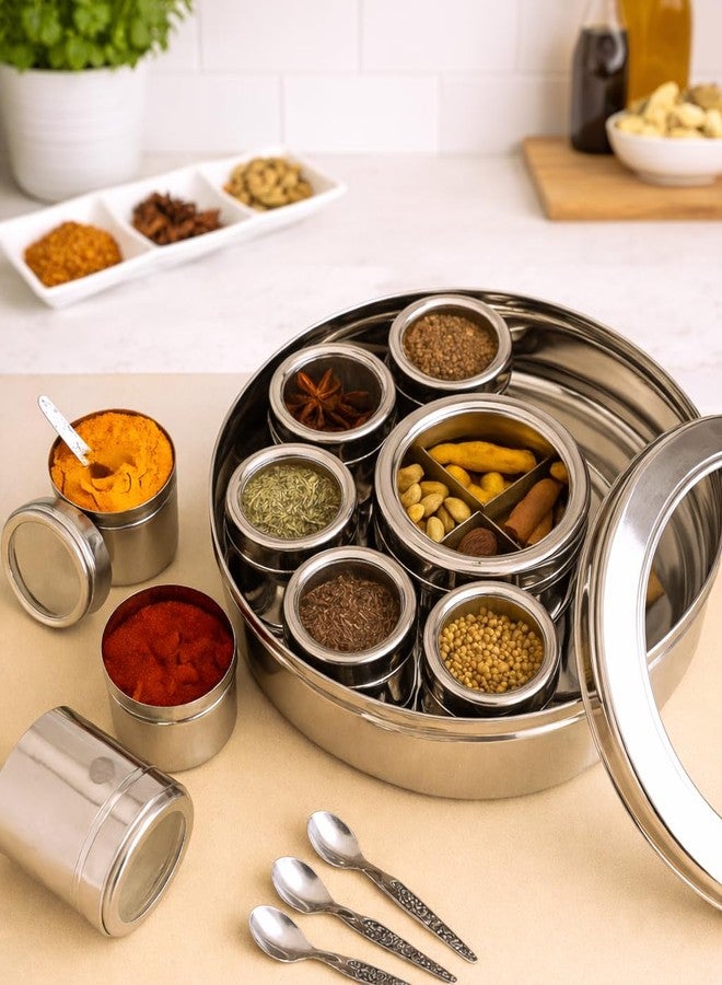 VISAXMI Stainless Steel 12 in 1 Masala Box for Kitchen With See Through Lid | Airtight Spice Box | 8 Small Jars 1 Middle Container With 4 Partitions (2500ml, Silver) - Image 1