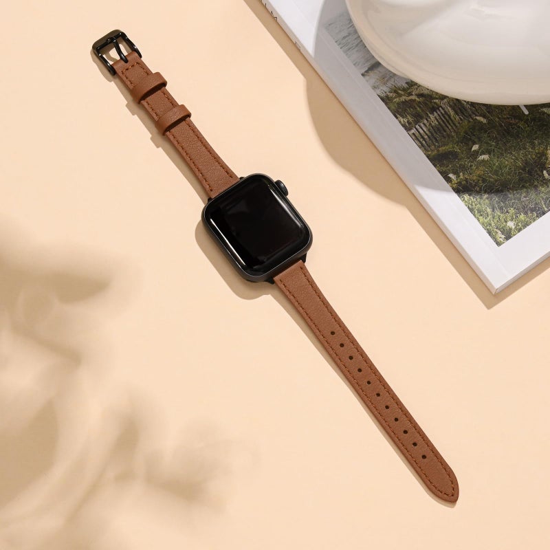 STIROLL Slim Leather Bands Compatible with Apple Watch Band 38mm 40mm 41mm 42mm(Series 11 10), Top Grain Leather Watch Thin Wristband for iWatch SE 9 8 7 6 5 4 3 2 1 (Brown Black) - Image 4