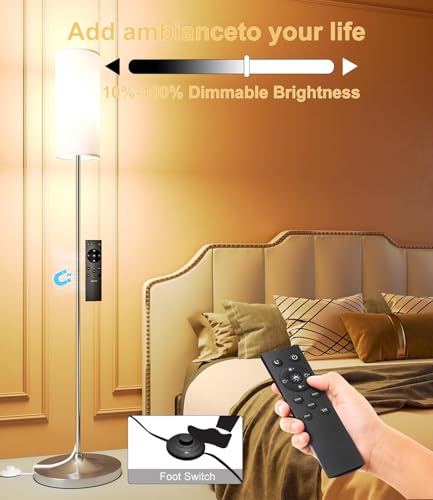 luckystyle LED Floor Lamp for Living Room, Dimmable Standing Lamps with Foot Switch,Remote Custom Color Temperature Silver Pole Lamp with Lampshade,12W Led Bulb Tall Lamps for Bedroom Office Kid Room - Image 2