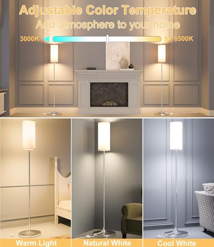 luckystyle LED Floor Lamp for Living Room, Dimmable Standing Lamps with Foot Switch,Remote Custom Color Temperature Silver Pole Lamp with Lampshade,12W Led Bulb Tall Lamps for Bedroom Office Kid Room - Image 3