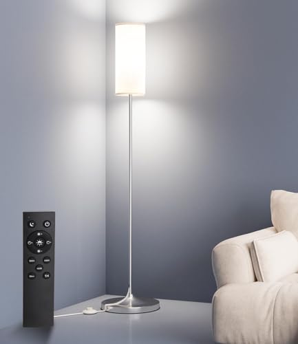 luckystyle LED Floor Lamp for Living Room, Dimmable Standing Lamps with Foot Switch,Remote Custom Color Temperature Silver Pole Lamp with Lampshade,12W Led Bulb Tall Lamps for Bedroom Office Kid Room - Image 1