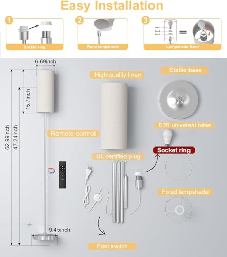 luckystyle LED Floor Lamp for Living Room, Dimmable Standing Lamps with Foot Switch,Remote Custom Color Temperature Silver Pole Lamp with Lampshade,12W Led Bulb Tall Lamps for Bedroom Office Kid Room - Image 4