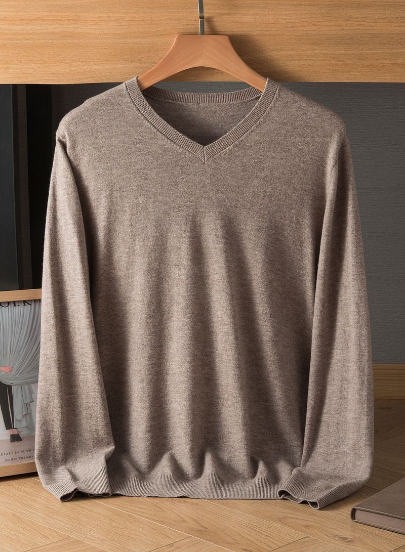 Loquat Men's Winter Pure Wool Solid Color V-neck Sweater 