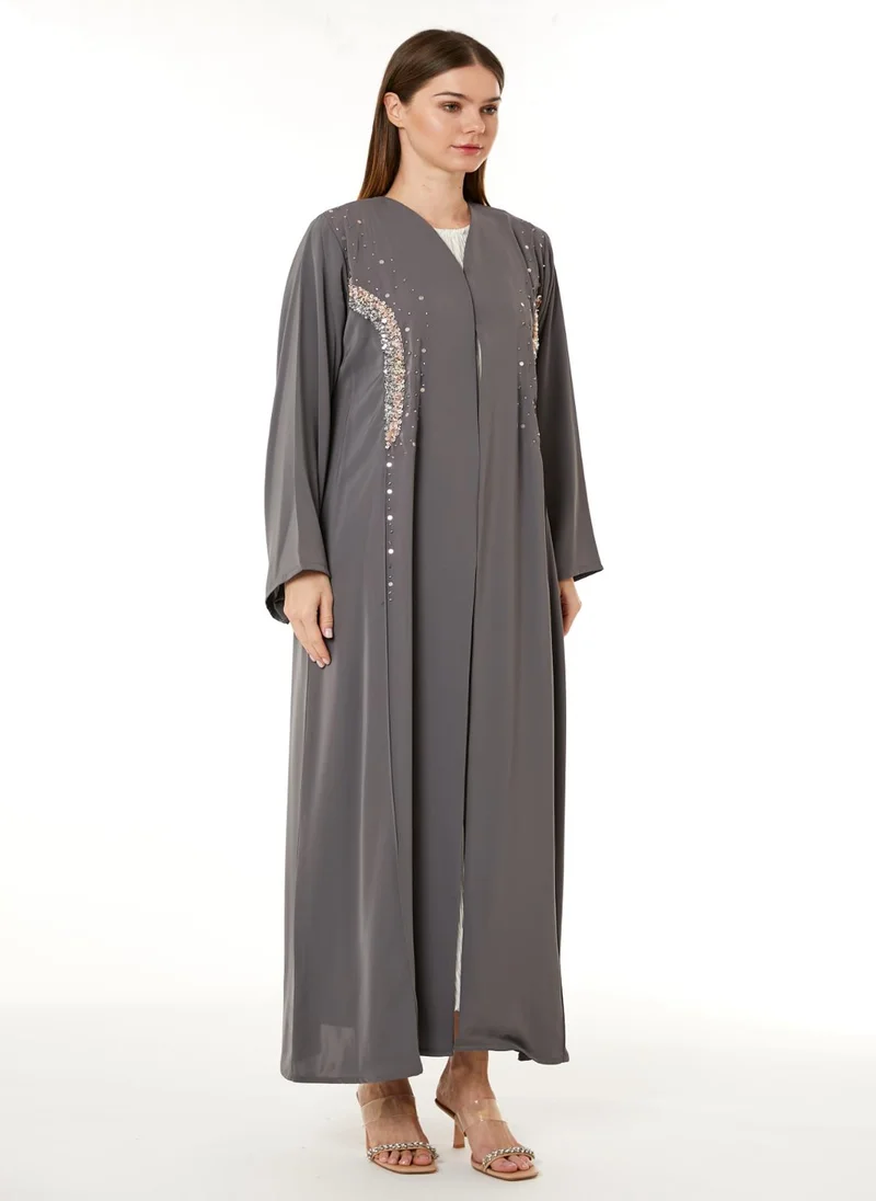 Moistreet Grey Korean Nida Hand Embellished Abaya