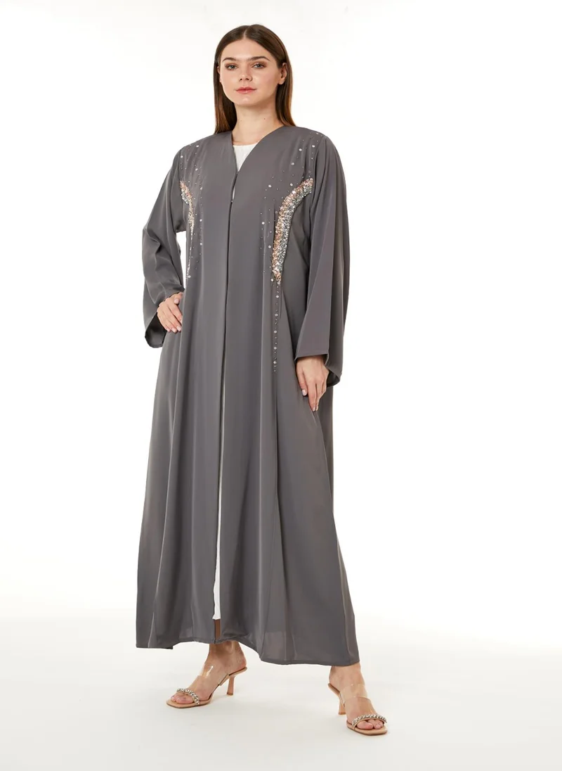 Moistreet Grey Korean Nida Hand Embellished Abaya