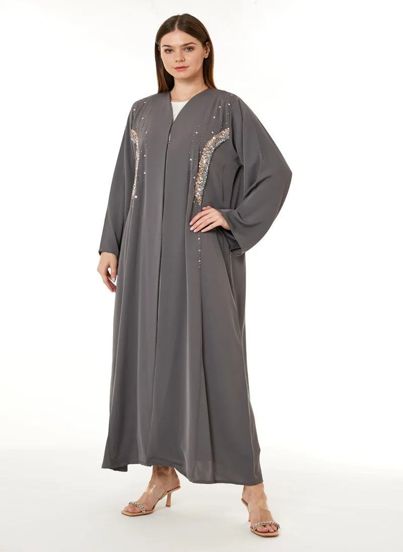 Moistreet Grey Korean Nida Hand Embellished Abaya