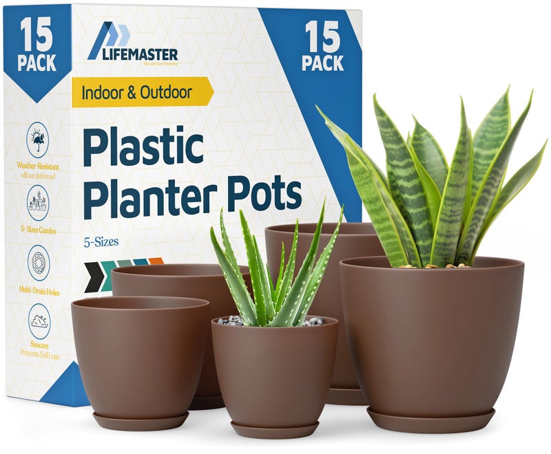 LifeMaster Brown Plant Pots with Drainage Holes & Saucers 15 Pack, Indoor & Outdoor Stackable Space-Saving Planters for Houseplants & Flowers, (7", 6.7", 6", 5.3", and 4.8" Inches), Durable & Weatherproof - Image 1