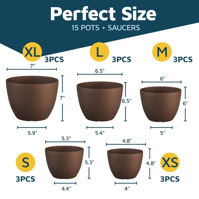 LifeMaster Brown Plant Pots with Drainage Holes & Saucers 15 Pack, Indoor & Outdoor Stackable Space-Saving Planters for Houseplants & Flowers, (7", 6.7", 6", 5.3", and 4.8" Inches), Durable & Weatherproof - Image 2