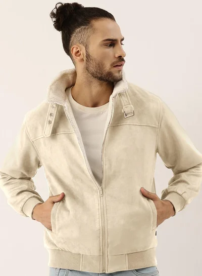 Campus Sutra Men's Saltbox Beige Fur-Lined Suede Bomber Jacket