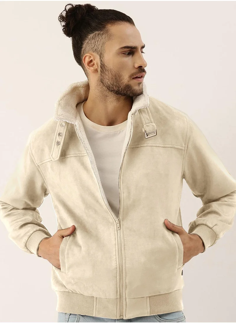 كامبوس سوترا Men's Saltbox Beige Fur-Lined Suede Bomber Jacket
