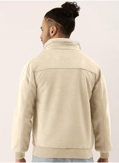Campus Sutra Men's Saltbox Beige Fur-Lined Suede Bomber Jacket  - Image 5