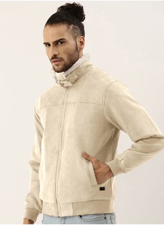 Campus Sutra Men's Saltbox Beige Fur-Lined Suede Bomber Jacket  - Image 3