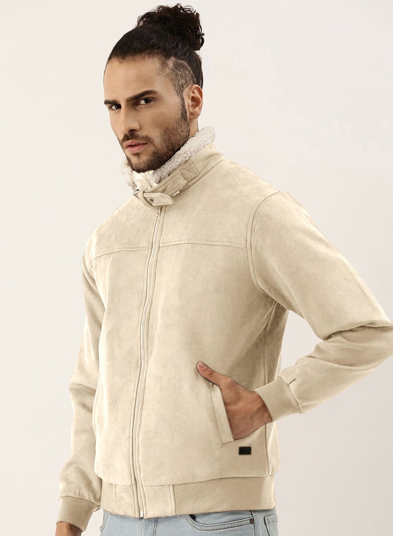 كامبوس سوترا Men's Saltbox Beige Fur-Lined Suede Bomber Jacket  - Image 3