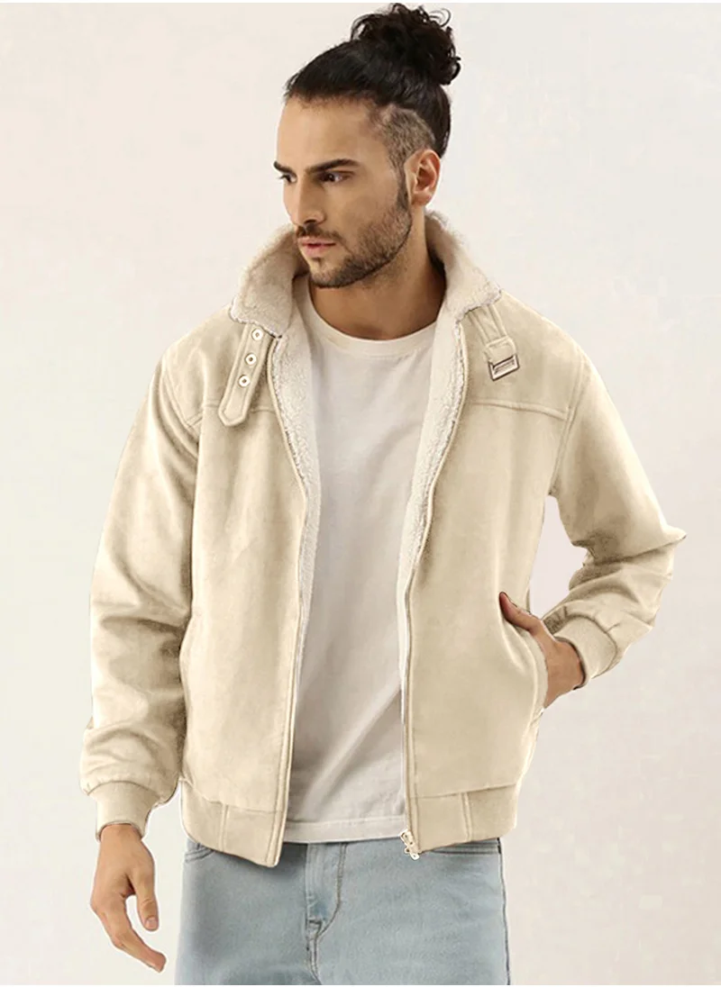 كامبوس سوترا Men's Saltbox Beige Fur-Lined Suede Bomber Jacket