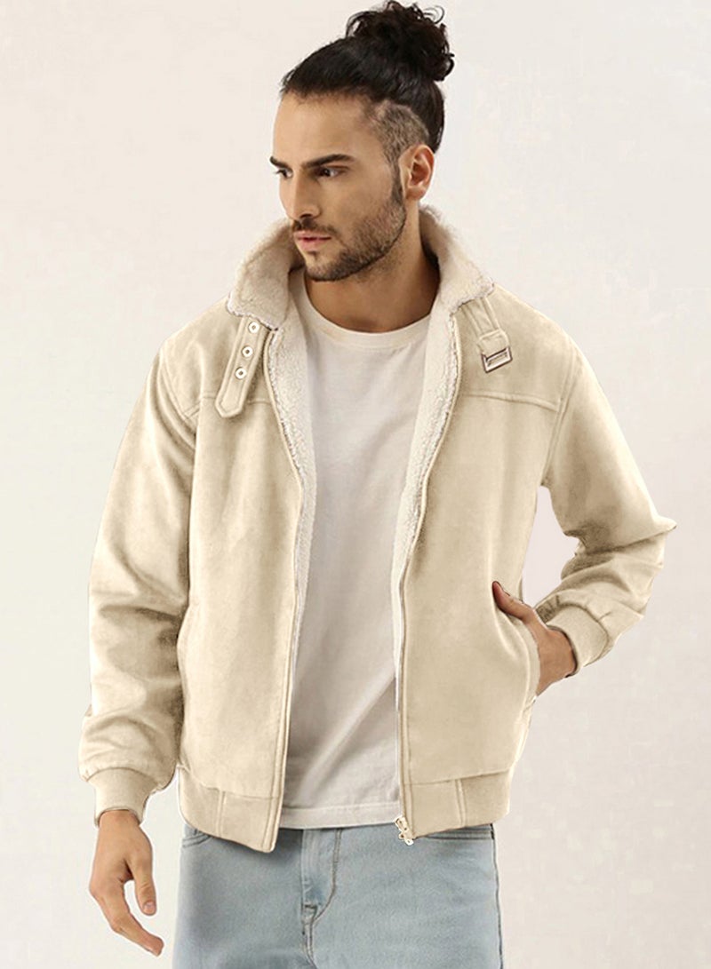 كامبوس سوترا Men's Saltbox Beige Fur-Lined Suede Bomber Jacket  - Image 2