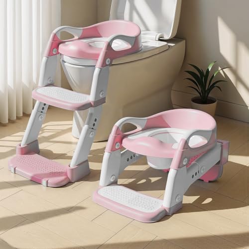 Wanchouse 3-in-1 Potty Training Seat & Training Toilet & Potty Chair, Height AdjustableToddler Toilet Seat for Kids Boys Girls, Foldable Potty Training Toilet with Splash Guard and Anti-Slip Steps (Pink) - Image 1
