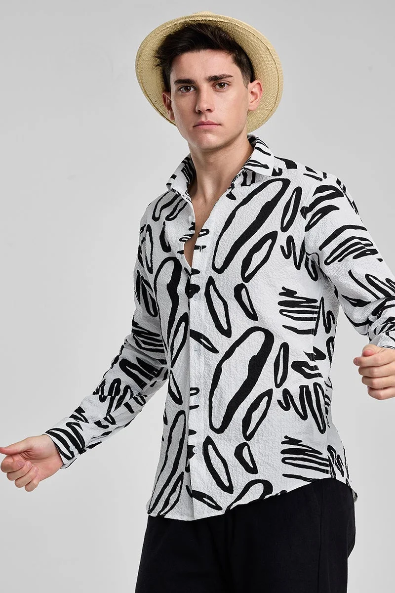 SNITCH White Abstract Printed Slim Fit Shirt