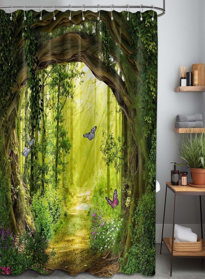 QGHOT Enchanted Forest Shower Curtains for Bathroom Green Tree Nature Mountain Scenic Shower Curtain Unique Decorative Bath Decor Sets, Waterproof Cloth Fabric with Hooks 70x72 inch - Image 2