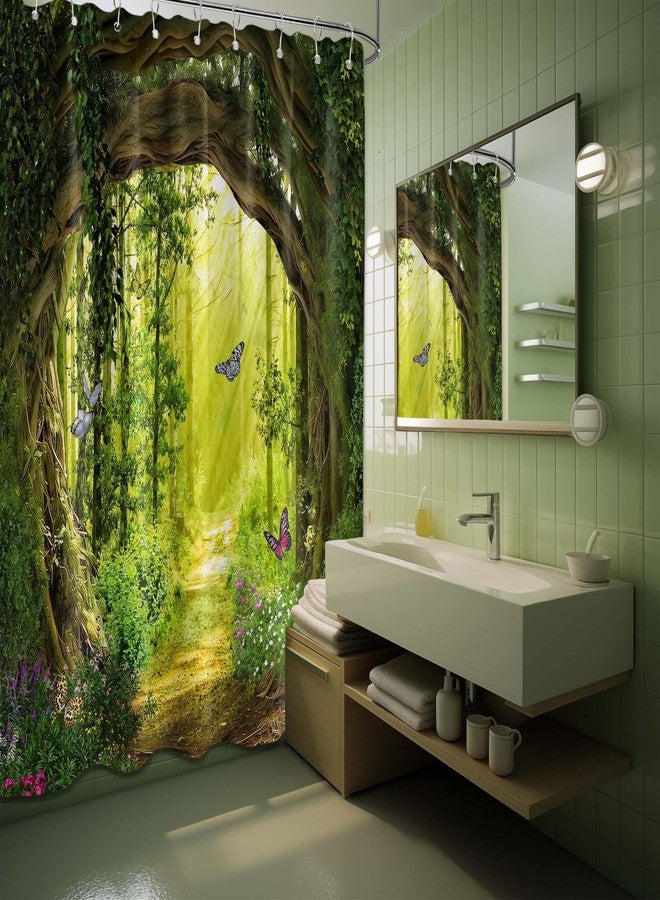 QGHOT Enchanted Forest Shower Curtains for Bathroom Green Tree Nature Mountain Scenic Shower Curtain Unique Decorative Bath Decor Sets, Waterproof Cloth Fabric with Hooks 70x72 inch - Image 3