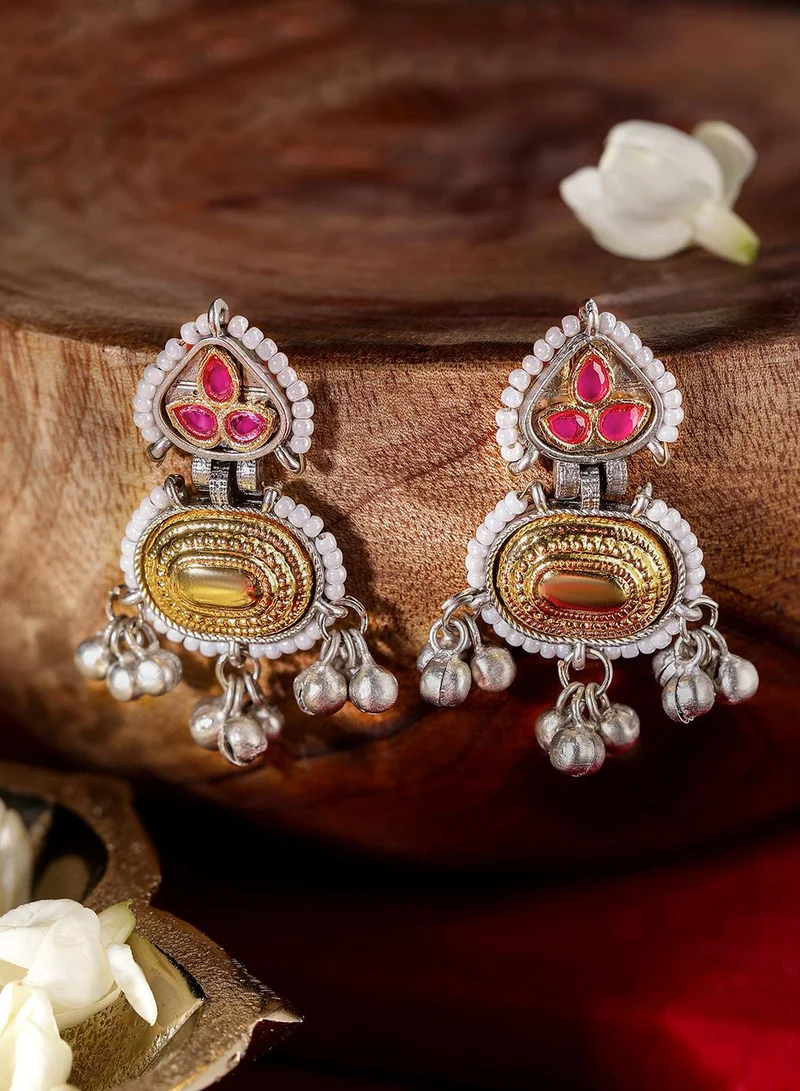 ISHIN Pink Colour Metallic Grey Plated Beads Drop Earring