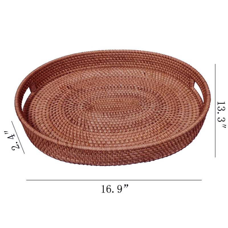 i-lan Dark Brown Oval Rattan X-Large Serving Tray for Fruit,Breakfast,Drinks,17 Inch Ottoman Wicker Woven Serving Basket Tray with Handle and 2.5" High Wall - Image 2