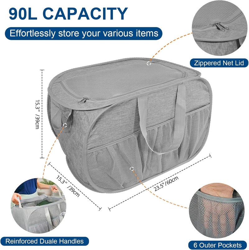 BATTOO Collapsible Laundry Baskets, Tear Proof Pop Up Laundry Hamper with Dual Handles, Durable Foldable Laundry Basket, Easy to Carry Laundry Hamper for Home, Laundry Room, Bedroom, Dorm, Travel 90L Grey - Image 3