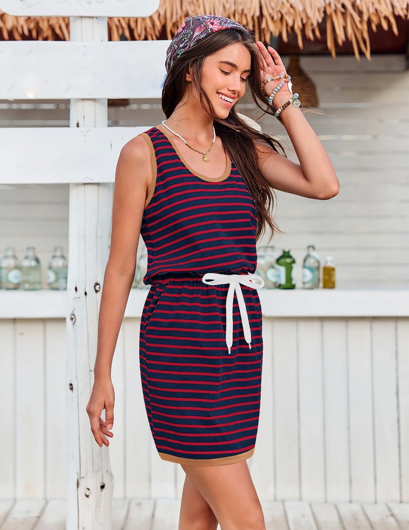 Yousify Summer Dresses for Women 2026 Mini Dresses Sundresses Wine Red Striped Drawstring Bodycon Cute Dress Resort Wear Retro Outfits M - Image 5
