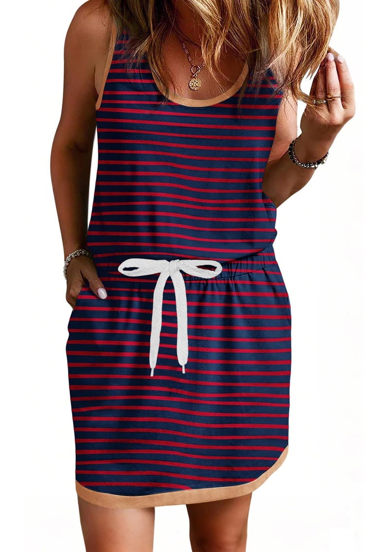 Yousify Summer Dresses for Women 2026 Mini Dresses Sundresses Wine Red Striped Drawstring Bodycon Cute Dress Resort Wear Retro Outfits M - Image 4