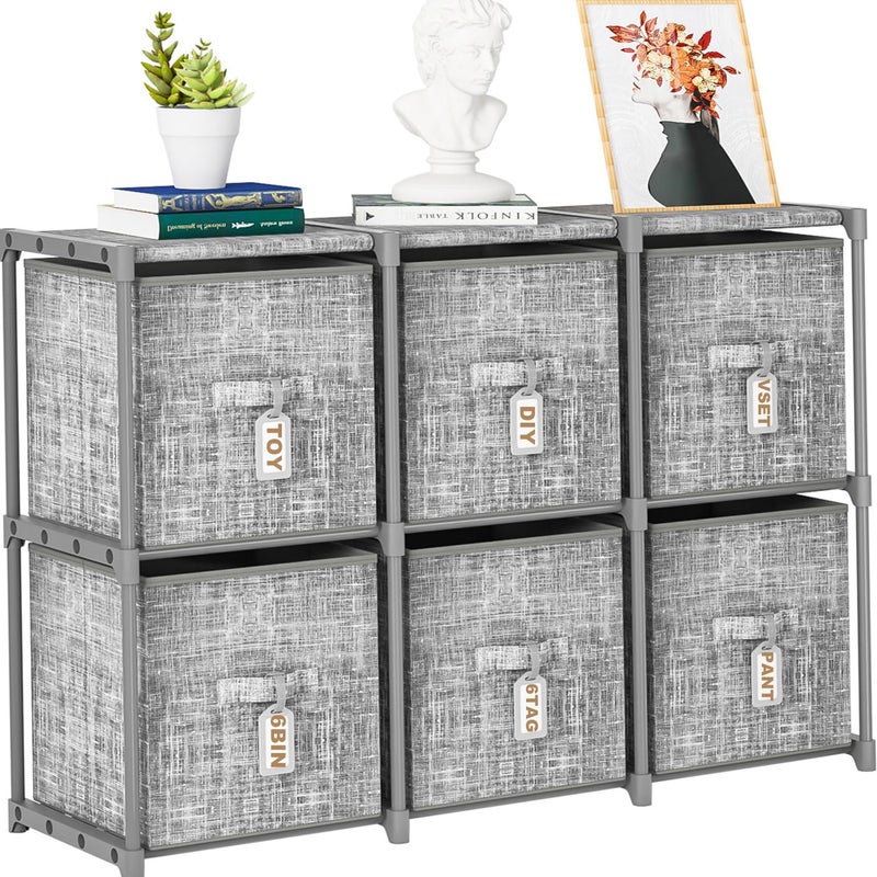 LUKYTOWER Cube Storage Organizer Shelf with 6 Printed Bins + Labels, Cubby Storage Organizer with Bins, Large Capacity Shelves for Storage,Closet, Living Room, Dorm, Yarn - Image 1