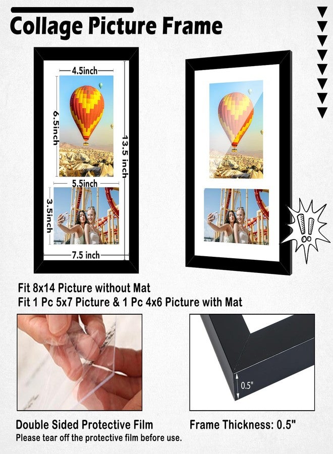 HEYTUYA Wood 8x14 Collage Picture frames, Display 4x6 and 5x7 with Mat or 8x14 Without Mat, Wall Hanging 2 Opening Photo Frame with Shatter Resistant Plexiglass, White Mat, Black - Image 2