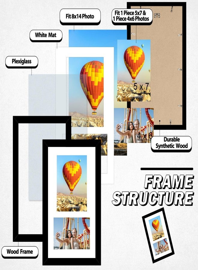 HEYTUYA Wood 8x14 Collage Picture frames, Display 4x6 and 5x7 with Mat or 8x14 Without Mat, Wall Hanging 2 Opening Photo Frame with Shatter Resistant Plexiglass, White Mat, Black - Image 4