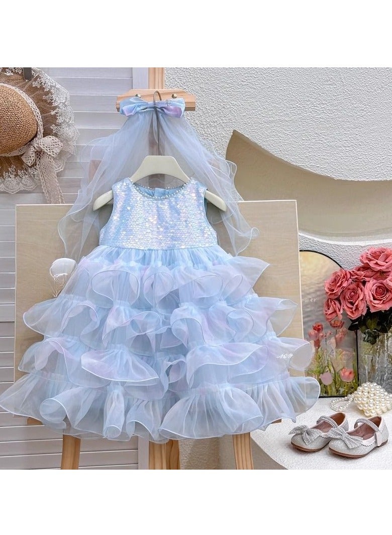 Iridescent Pastel Blue Ruffle Tulle Princess Dress with Bow Veil for Toddler Girls, Perfect for Birthday Parties, Photo Shoots & Special Occasions, Fits Height 90–100 cm (2–3 Y, 12–15 kg), Soft Polyester  - Image 1