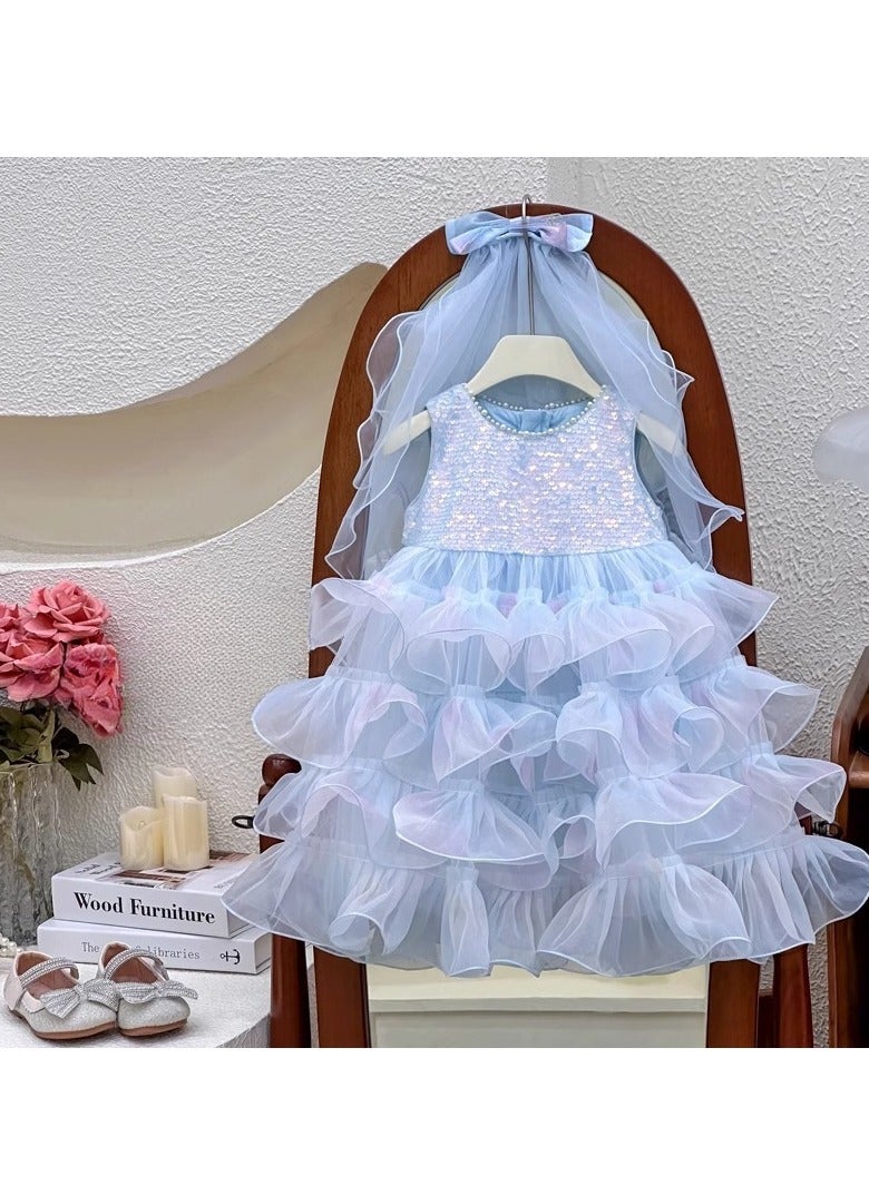 Iridescent Pastel Blue Ruffle Tulle Princess Dress with Bow Veil for Toddler Girls, Perfect for Birthday Parties, Photo Shoots & Special Occasions, Fits Height 90–100 cm (2–3 Y, 12–15 kg), Soft Polyester  - Image 2
