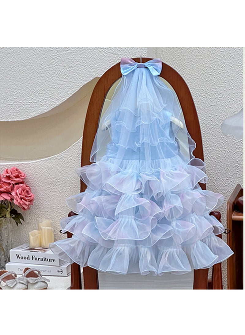 Iridescent Pastel Blue Ruffle Tulle Princess Dress with Bow Veil for Toddler Girls, Perfect for Birthday Parties, Photo Shoots & Special Occasions, Fits Height 90–100 cm (2–3 Y, 12–15 kg), Soft Polyester  - Image 4