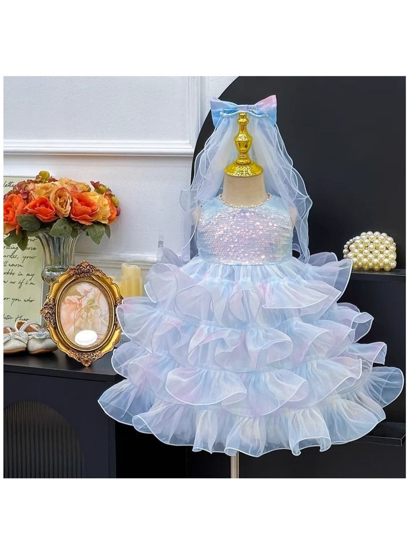Iridescent Pastel Blue Ruffle Tulle Princess Dress with Bow Veil for Toddler Girls, Perfect for Birthday Parties, Photo Shoots & Special Occasions, Fits Height 90–100 cm (2–3 Y, 12–15 kg), Soft Polyester  - Image 3