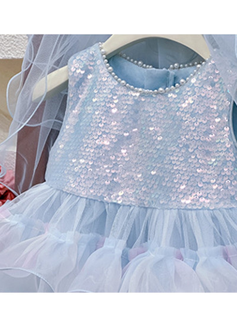 Iridescent Pastel Blue Ruffle Tulle Princess Dress with Bow Veil for Toddler Girls, Perfect for Birthday Parties, Photo Shoots & Special Occasions, Fits Height 90–100 cm (2–3 Y, 12–15 kg), Soft Polyester  - Image 5