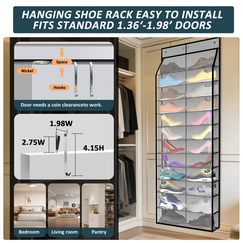 Kotkn 24-Pair Over Door Shoe Organizer for Family & Kids, Double Sided | Hanging Storage for Sneakers, Boots, Toys & Room Organization-Graphite Gray - Image 4