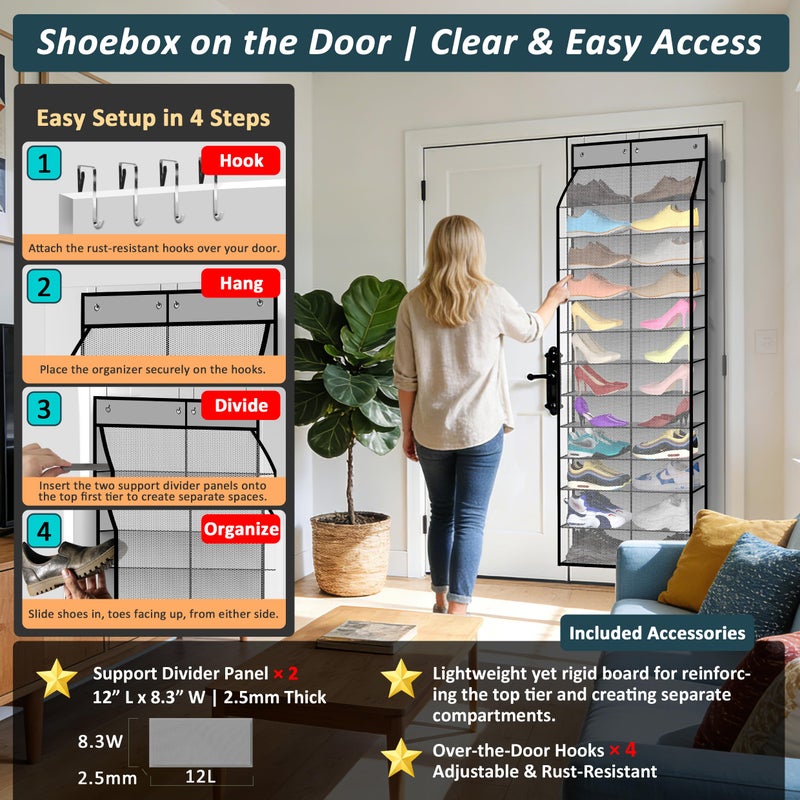 Kotkn 24-Pair Over Door Shoe Organizer for Family & Kids, Double Sided | Hanging Storage for Sneakers, Boots, Toys & Room Organization-Graphite Gray - Image 5